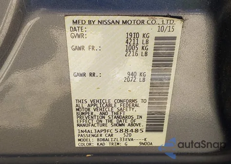 2015 Nissan Altima 2.5 Sv z USA, uszkodzony, nr VIN 1N4AL3AP9FC588485